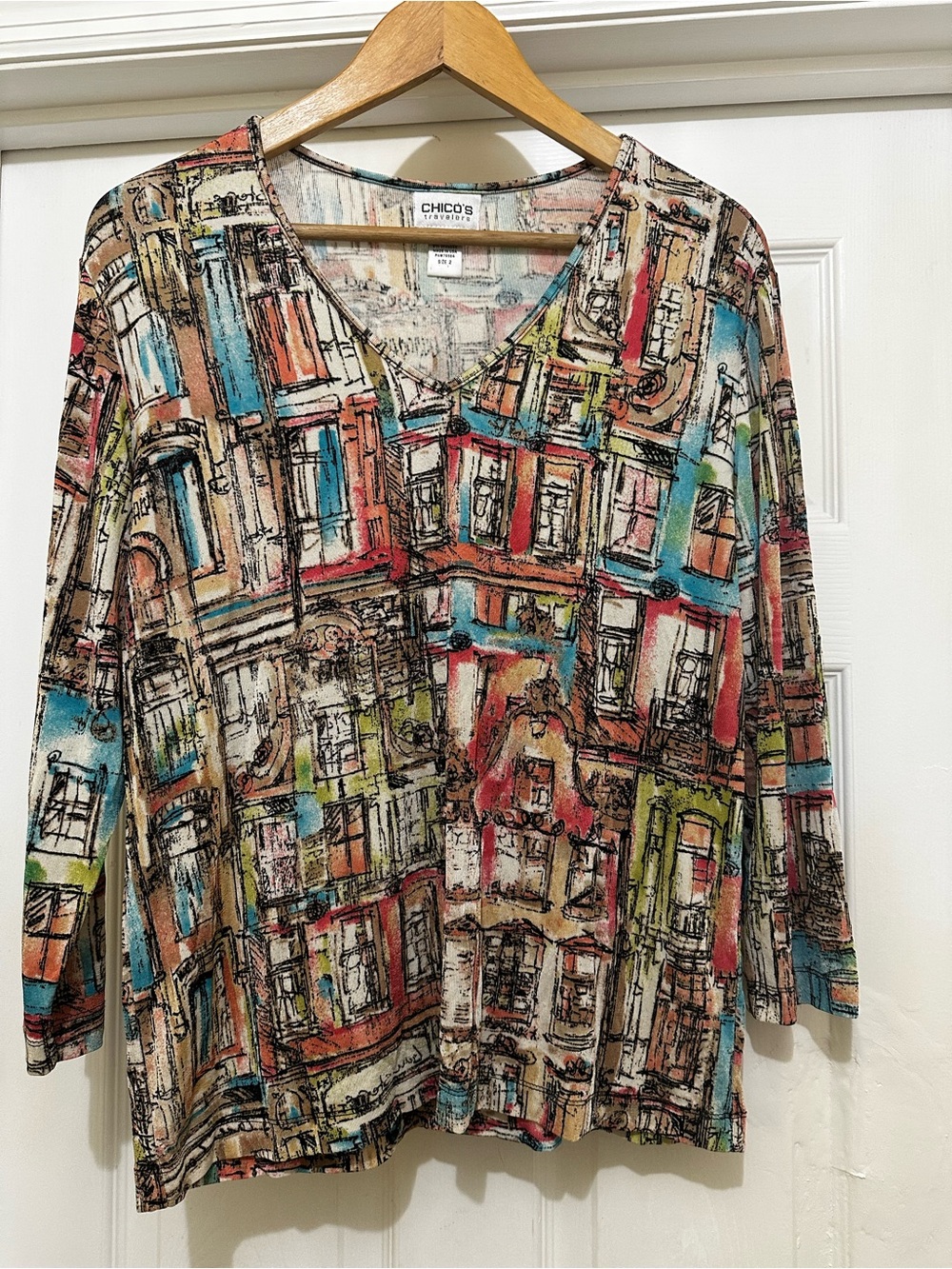 Chico’s Travelers Size 2 Colorful Abstract Cityscape Print Stretch Travel Top